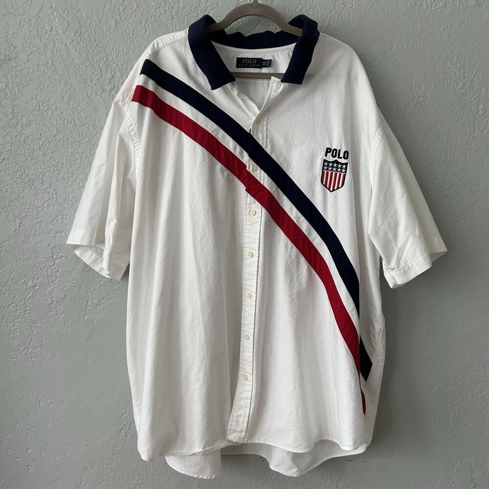 Polo Ralph Lauren K-Swiss Shirt 4XB Big Tall White Stripe USA Short Sleeve